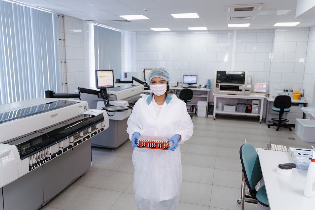 services-03 A scientist in protective gear holding test samples in a modern laboratory setting.