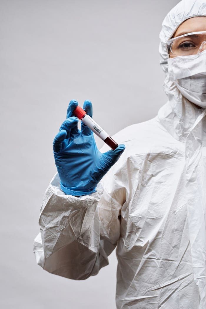 Scientist in PPE holding a blood test sample tube in a laboratory setting.